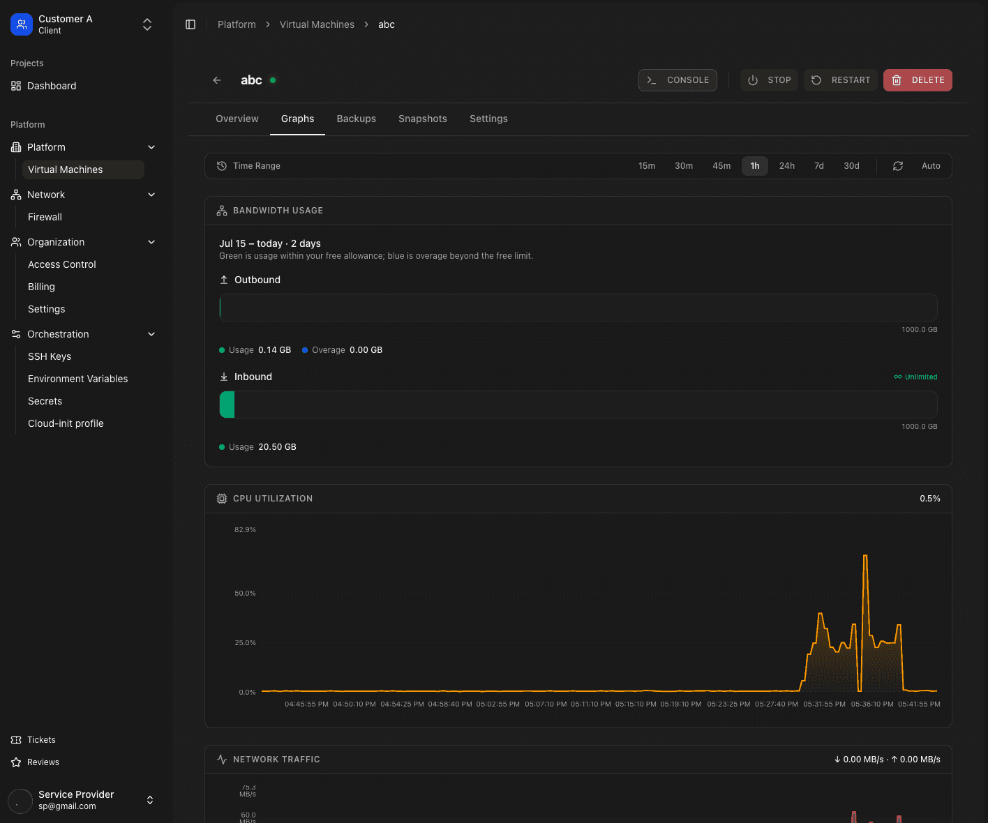 Customer console: virtual machine graphs for CPU, bandwidth, and network