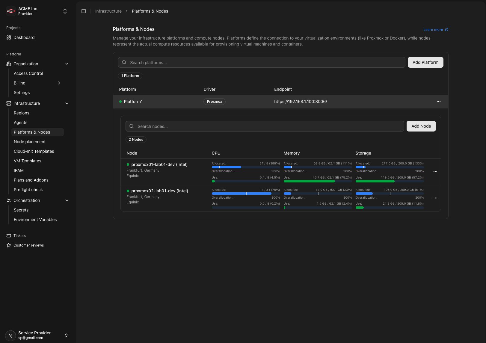 Provider console: platforms and nodes